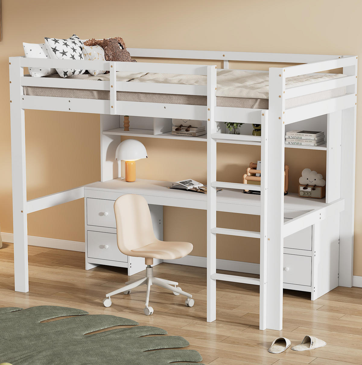VISOKA postelja 90/200 cm bela z mizo in shranjevalnim prostorom iz bora in MDF - bela, les (90/200cm) - OKWISH