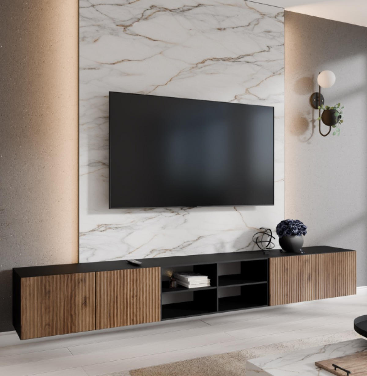TV-SCHRANK Schwarz Noeli Offene Mit Regalen Gerillt - Braun, Holzwerkstoff (300/41/40cm) - Sepro Meble