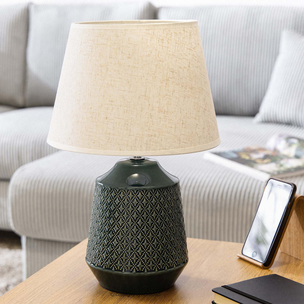 TISCHLEUCHTE SOPI, Tischlampe, Beige, Meeresfarbe - Türkis/Beige, Keramik/Textil (25/25/39cm) - KONSIMO®