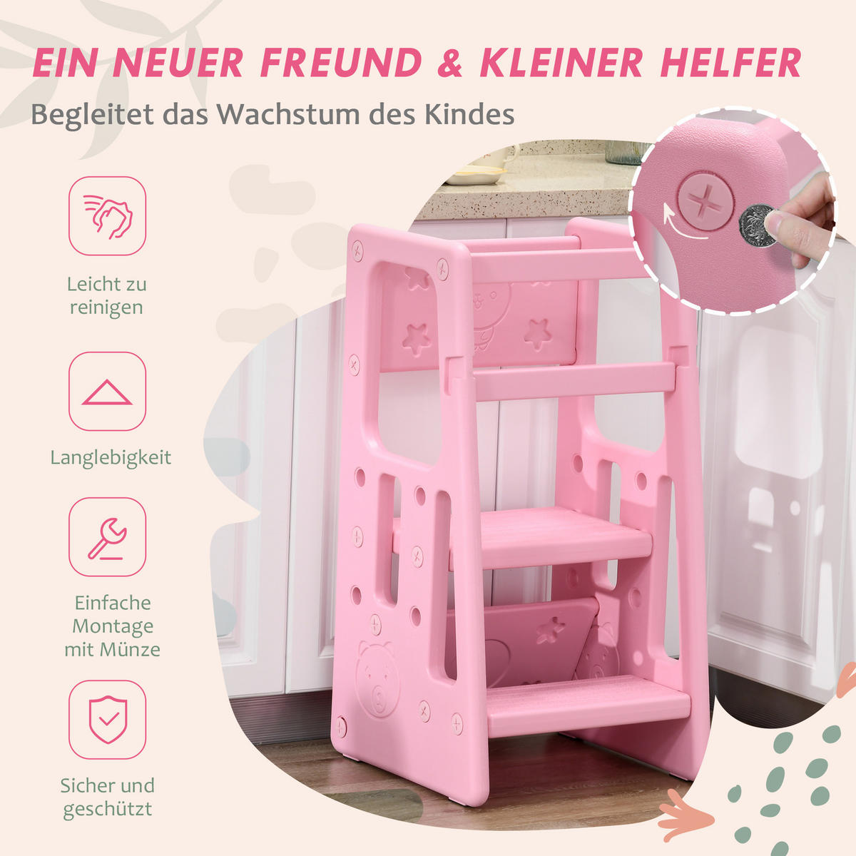 KINDER-TRITTHOCKER, Rosa, HDPE - Rosa, Kunststoff (47/90/47cm) - HOMCOM