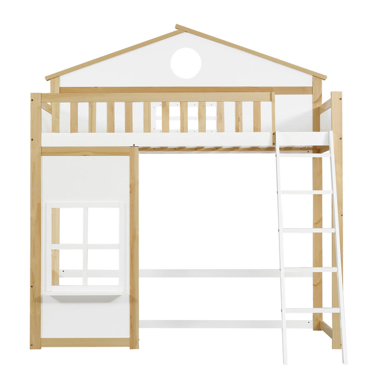 ETAGENBETT 90/200 cm mit Treppe, Fallschutz, Dach und Fenstern aus Kiefer und MDF, Weiß/Natur - Weiß, Holz (90/200cm) - Redom