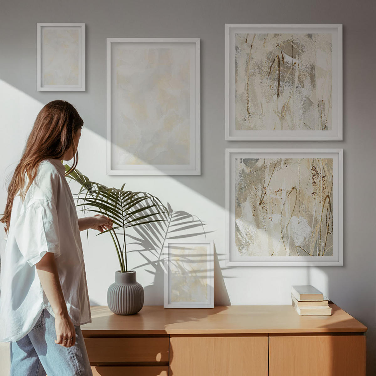 WANDBILDER 5er-Set - 50x50 cm & 20x30 cm & 40x60 cm Weißer Rahmen - Helles Strukturfarbendesign - Weiß, Kunststoff (40/60cm) - ArtPrintCave