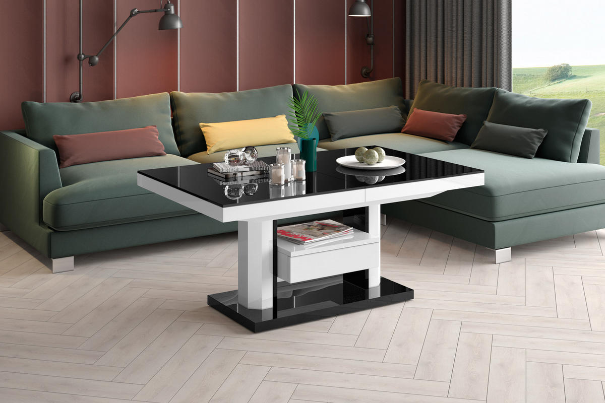 COUCHTISCH rechteckig höhenverstellbar ausziehbar Schublade 120/75/56 cm - Schwarz Hochglanz/Weiß Hochglanz, Holzwerkstoff (75/120/56cm) - designimpex