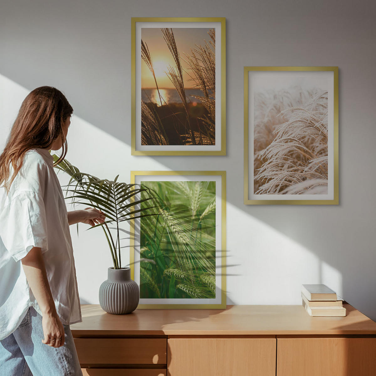 WANDBILDER 3er Set - 40x60 cm Goldrahmen - Gräser farbenfrohe Natur - Goldfarben, Kunststoff (40/60cm) - ArtPrintCave