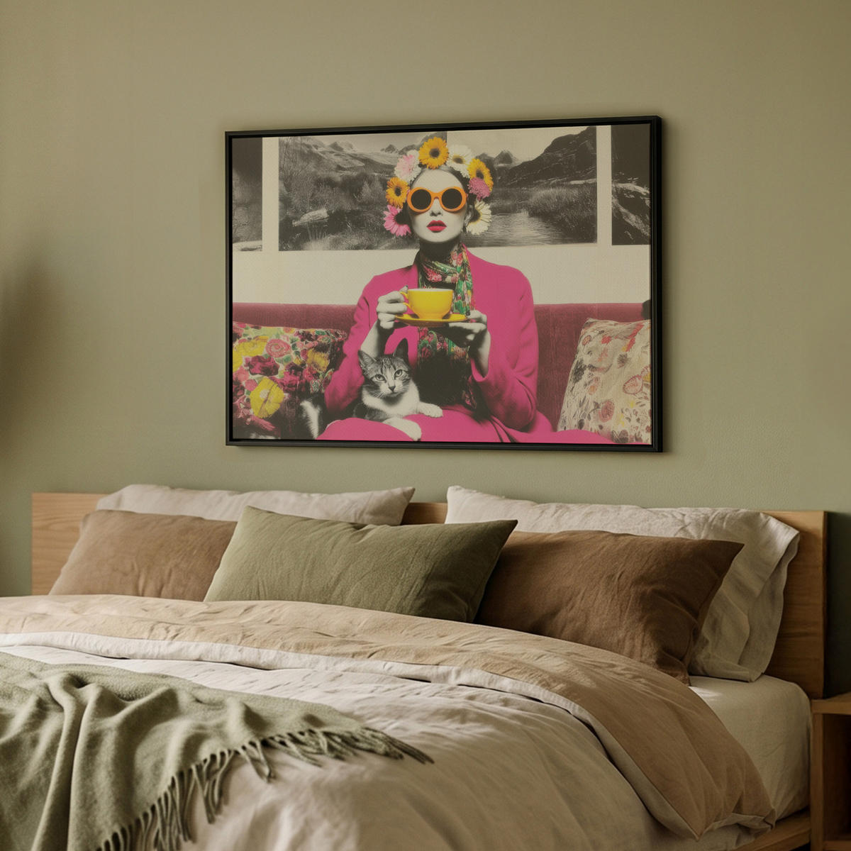 LEINWAND Bilder mit Rahmen - Frau - Katze - Blumen - Tasse - Retro - 70x50 - Magenta, Textil (70/50cm) - MuchoWow