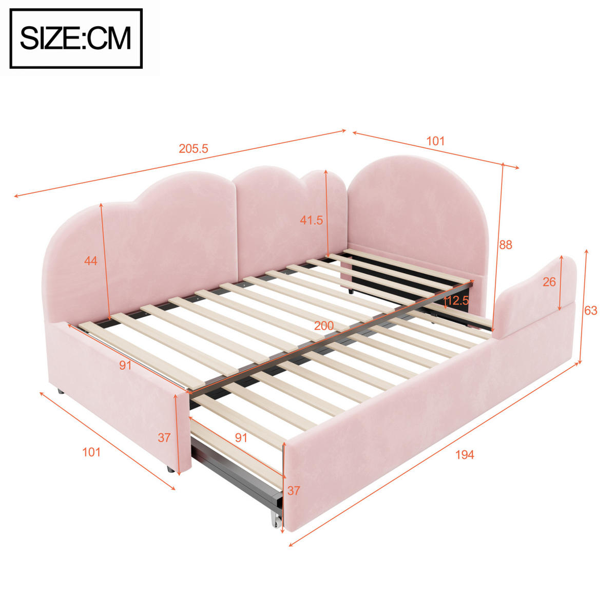 POLSTERBETT Ausziehbares Schlafsofa Samt 90x200 cm Pink ausziehbar L-Form mit wolkenförmigem Kopfteil - Pink, Textil (90/200cm) - Modfu