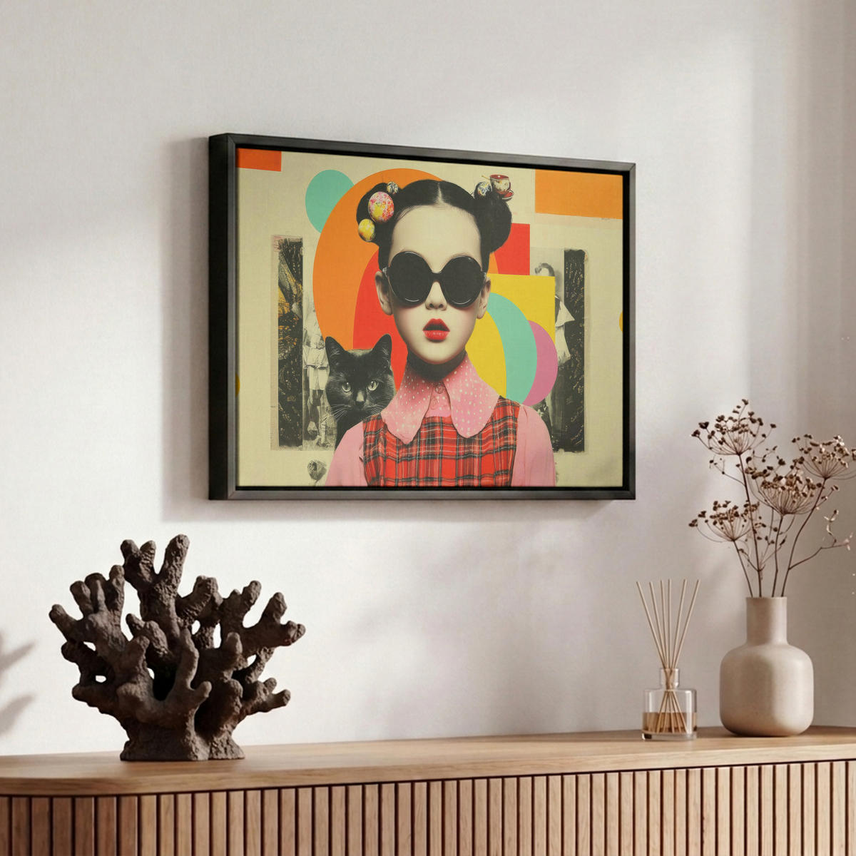 LEINWAND Bilder mit Rahmen - Mädchen - Sonnenbrille - Katze - Retro - 30x20 - Beige, Textil (30/20cm) - MuchoWow