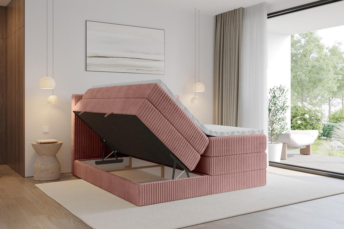 BOXSPRINGBETT mit Matratze H3|H4 und Lattenrost - TOLO KING 200x200 Cord - Hellrosa - Hellrosa, Holzwerkstoff (200/200cm) - ALTDECOR