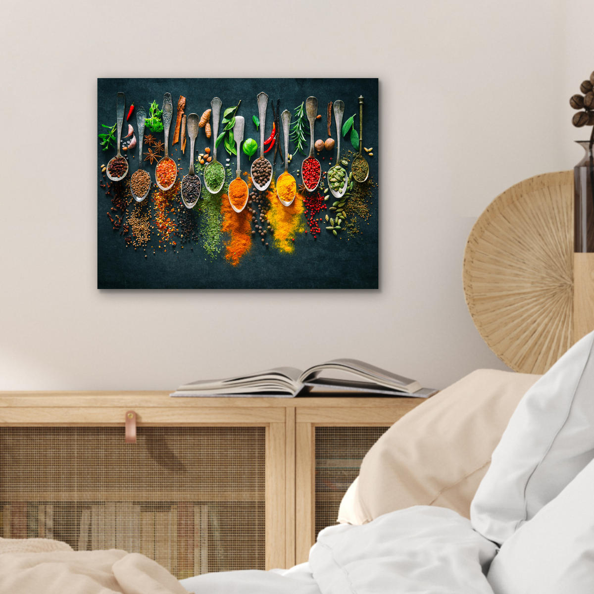 KOVOVÝ OBRAZ Bylinky - korenie - lyžičky 40x30 cm - kari žltá, kov (40/30cm) - MuchoWow