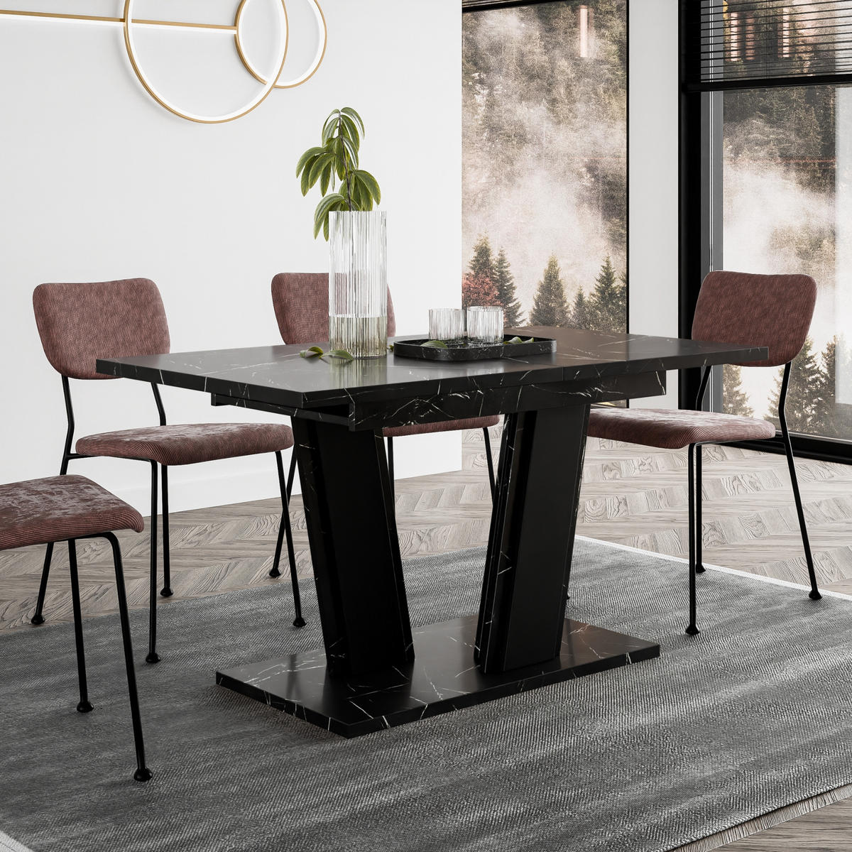ESSTISCH Ausziehbar von 140 bis 180 cm in Schwarzer Marmor-Optik - Schwarz Hochglanz, Holzwerkstoff (80/180/75cm) - Home Collective
