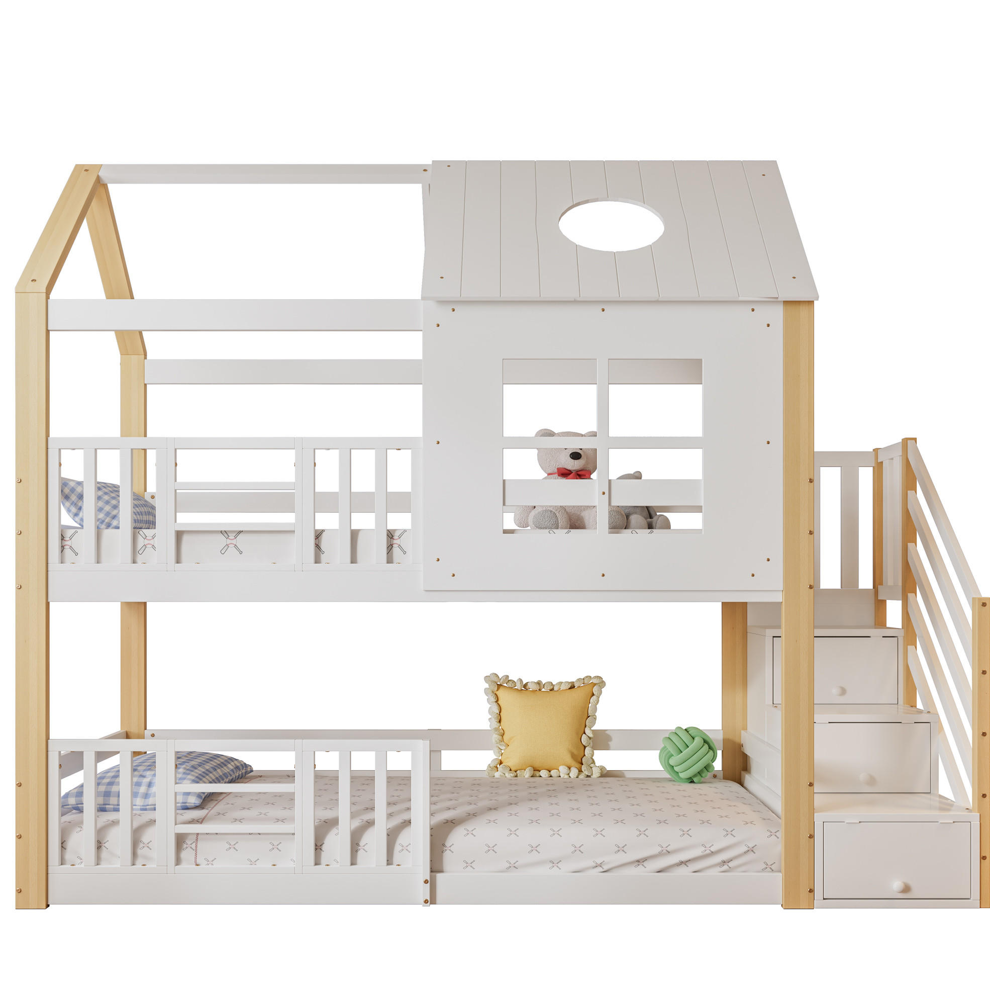 ETAGENBETT aus Kiefer und MDF 90x200 cm Weiß/Natur mit Aufbewahrungstreppe, Fallschutzgitter, Dach und Fenstern - Weiß, Holzwerkstoff (90/200cm) - Modfu