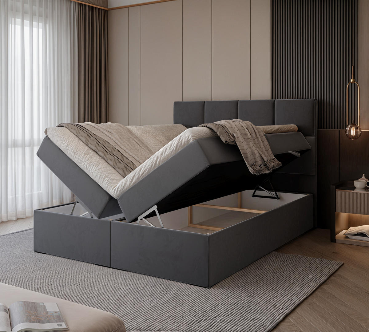 BOXBETT 120x200 cm mit Topper - Dunkelgrau, Textil (180/200cm) - Idohome