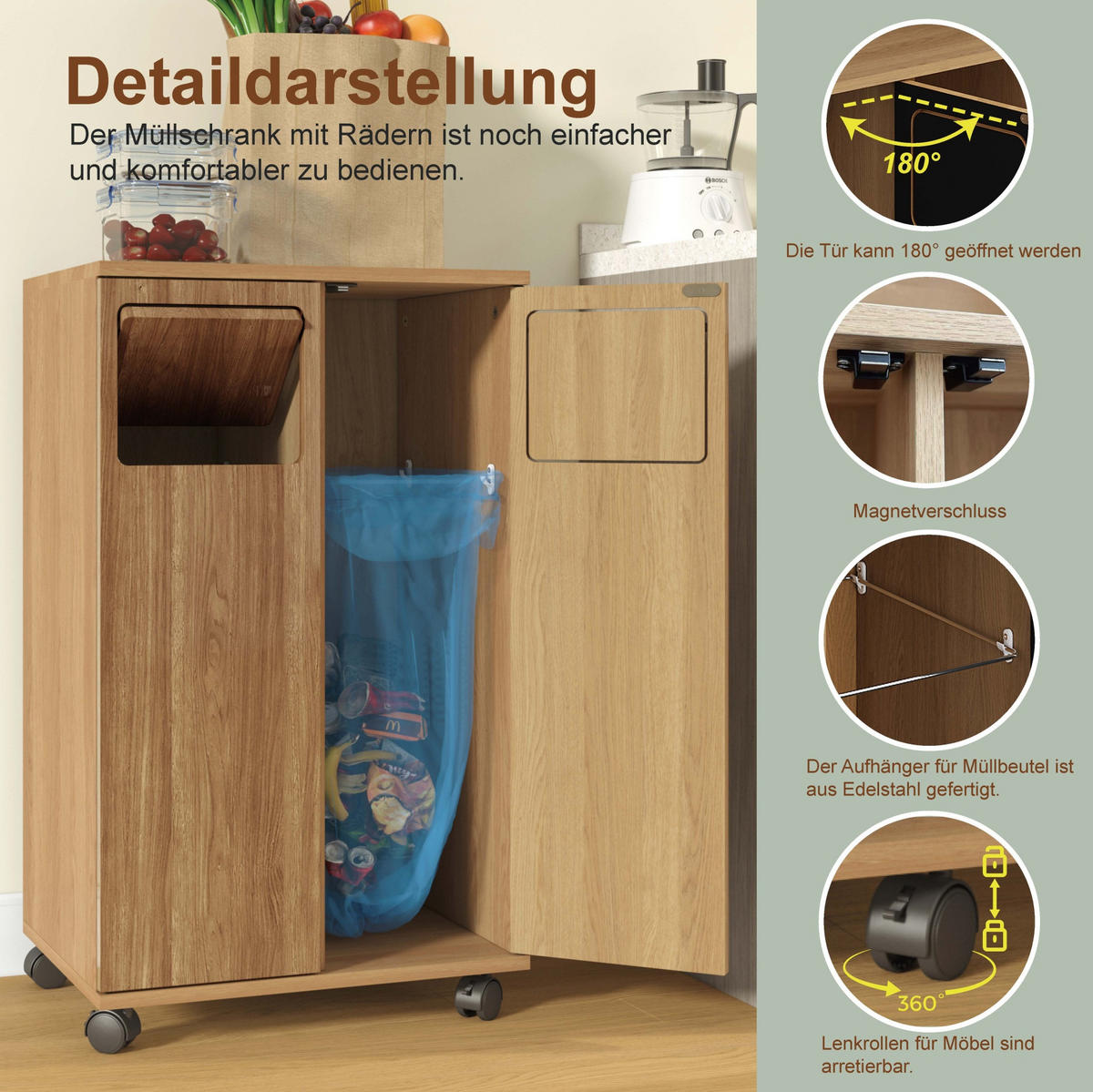 KOMMODE 46,7/35/80 cm aus MDF mit 2 Fächern, Rollen und 180° Türen, Natur - Naturfarben, Holzwerkstoff (46/80/35cm) - Redom