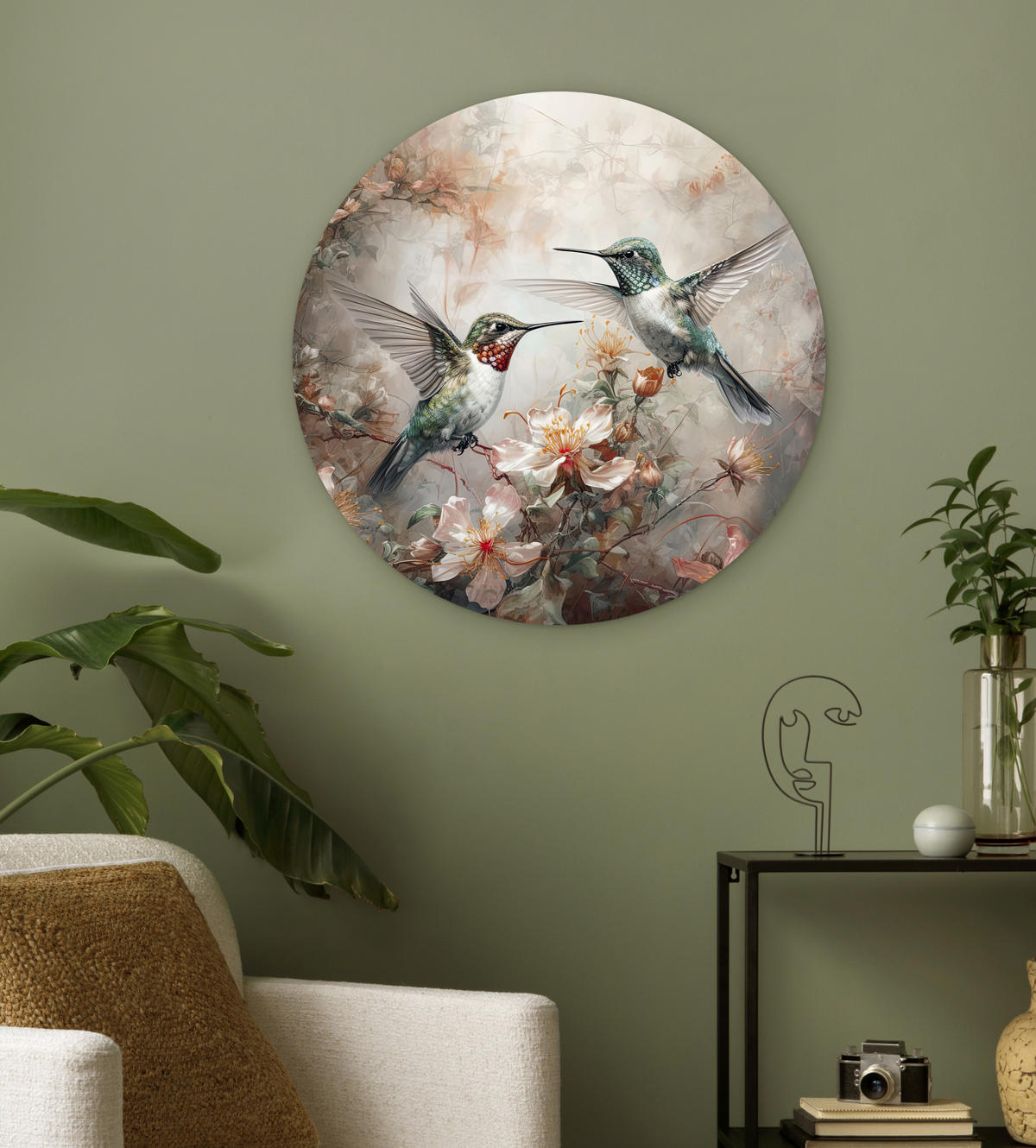 WANDBILD Kolibri - Vögel - Blumen - Pflanzen 60x60 cm - Hellgrün, Kunststoff (60/60cm) - MuchoWow