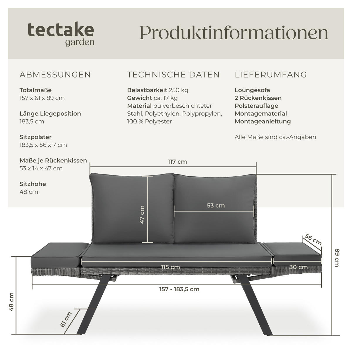RATTAN-LOUNGESOFA Sintra,157 x 61 x 89 cm,grau - Grau, Kunststoff/Textil (157/89/61cm) - tectake