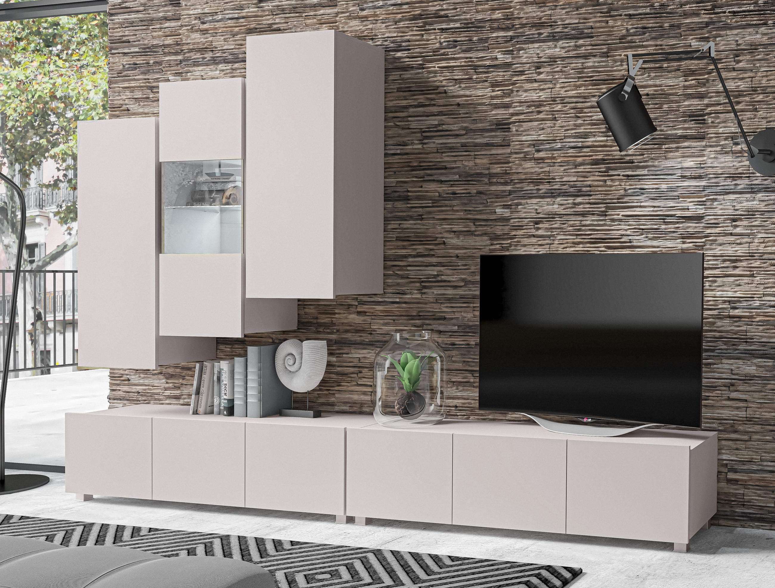 WOHNWAND Kossana 11 Beige 300/142/43 cm Design - Beige, Holzwerkstoff/Kunststoff (300/142/43cm) - AX Living