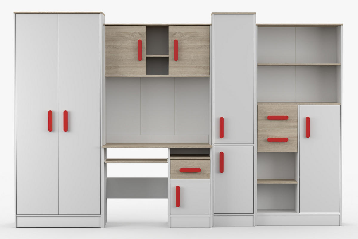 KINDERZIMMER MIKI Korpus Weiß | Griffe Rot - Rot/Weiß, Holz/Holzwerkstoff (300/197/52cm) - Deine Möbel 24