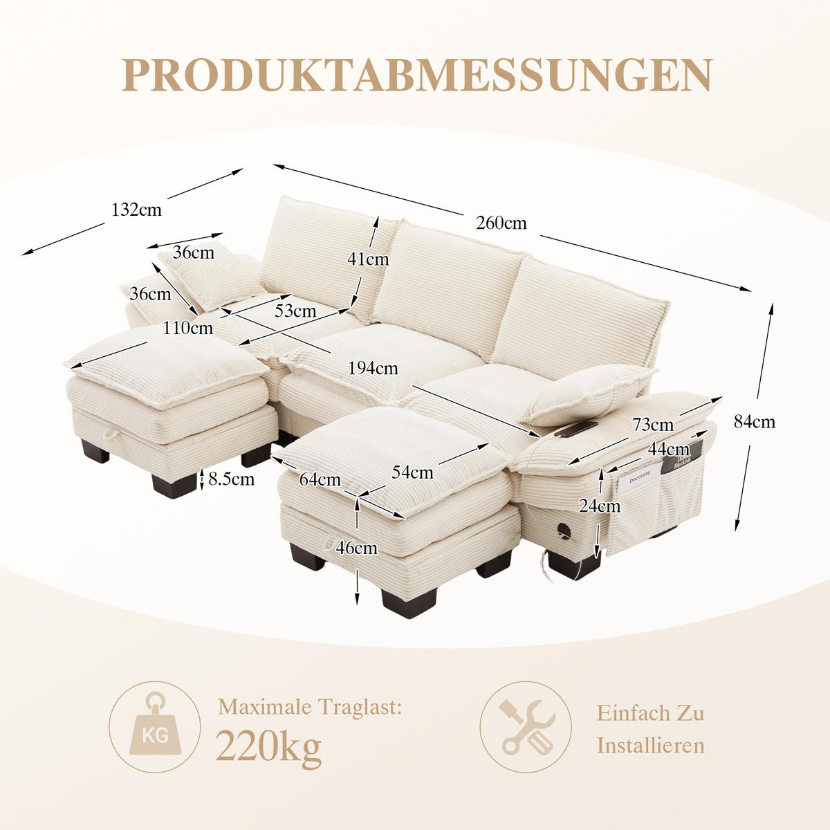 3-SITZER Sofa aus Corduroy 260x132x84 cm mit USB-C & Seitentaschen, beige - Beige, Textil (132/84/260cm)