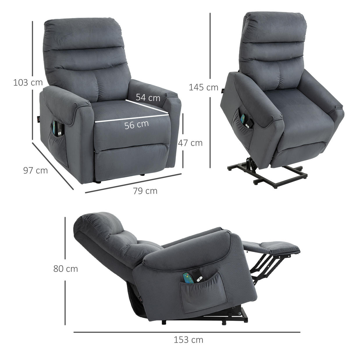 FERNSEHSESSEL Sessel mit Aufstehhilfe mit Massagefunktion Heizung Dunkelgrau - Dunkelgrau/Schwarz, Textil/Metall (97/103/79cm) - HOMCOM