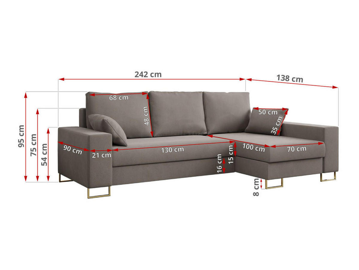 ECKSOFA Dorian Velvet Hellbraun - Hellbraun/Goldfarben, Textil/Metall (242/138cm) - MKS