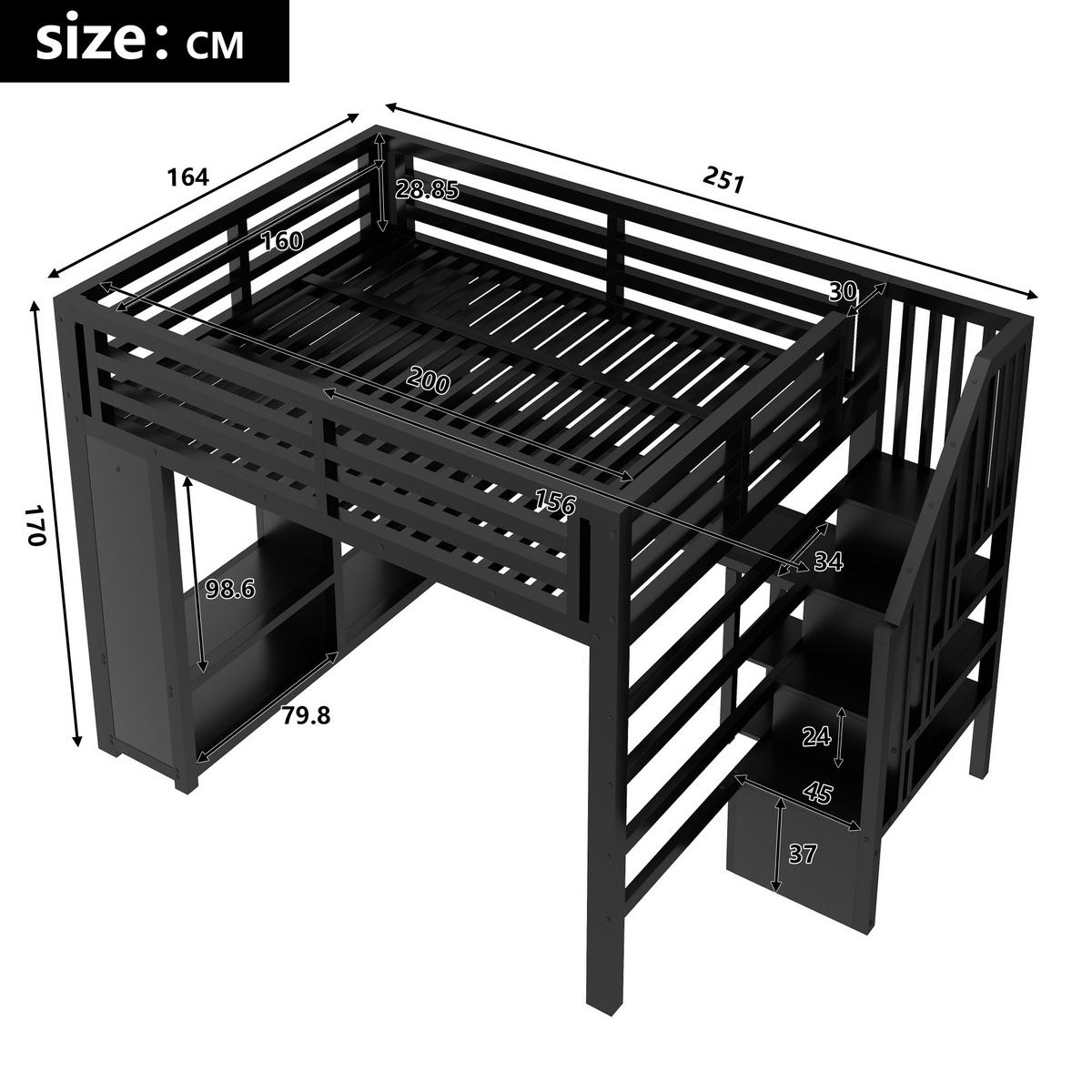 HOCHBETT 160/200 cm in Schwarz mit Schreibtisch, LED, Treppe und Kleiderschrank - Schwarz, Metall (160/200cm) - STILVORA