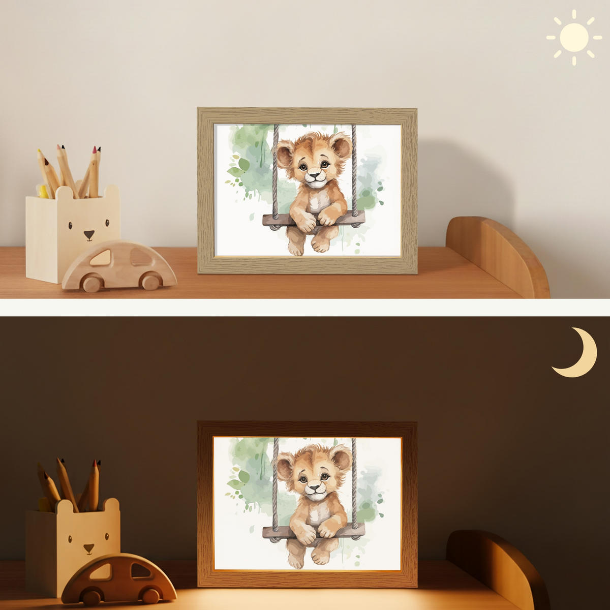 NACHTTISCHLAMPE Löwe - Tier - Kinder - Dschungel 20x15 cm - Weiß, Holzwerkstoff (8/20/15cm)