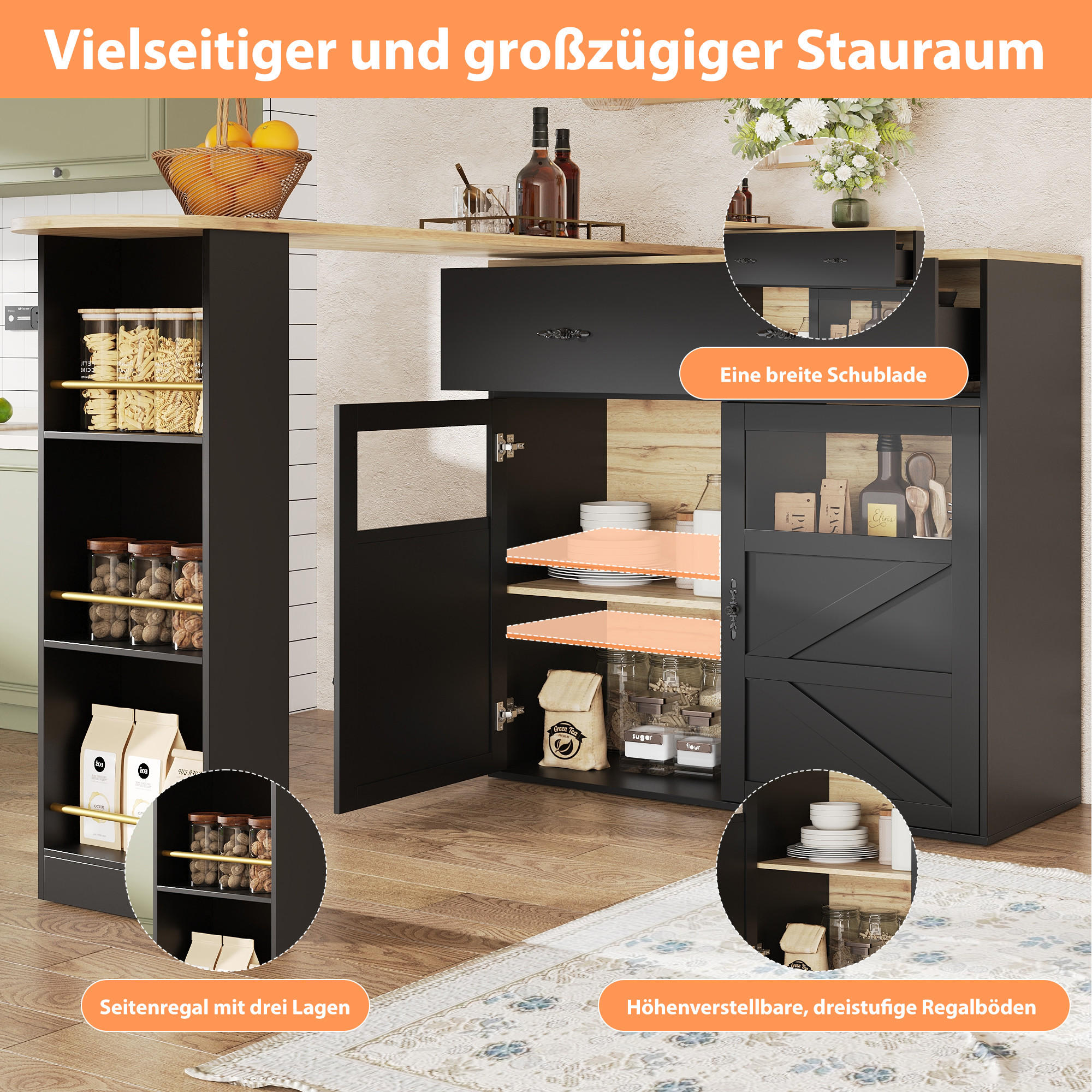 BARTISCH ausziehbarer mit Stauraum Schwarz - Schwarz, Holzwerkstoff (39/104/204cm) - Urban Meuble