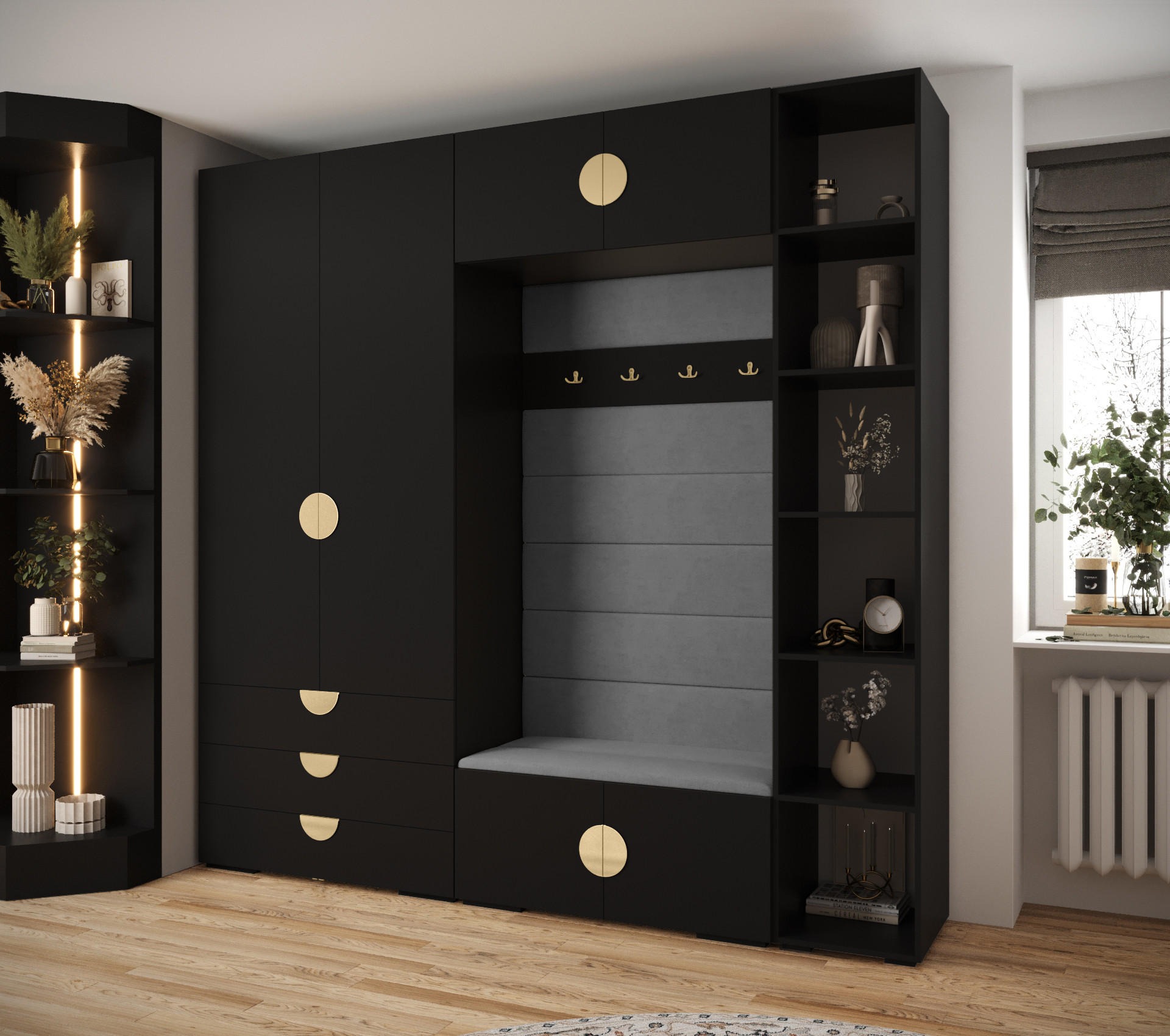 GARDEROBEN-SET 236,7/240/47 - Goldfarben/Schwarz, Holz/Kunststoff (240/236.7/47cm) - Abiks Möbel