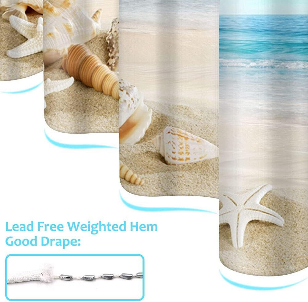 DUSCHVORHANG Ozean Meer Strand Muschel bedruckt wasserdicht schimmelresistent - Blau, Textil (120/180cm) - MCBOSON