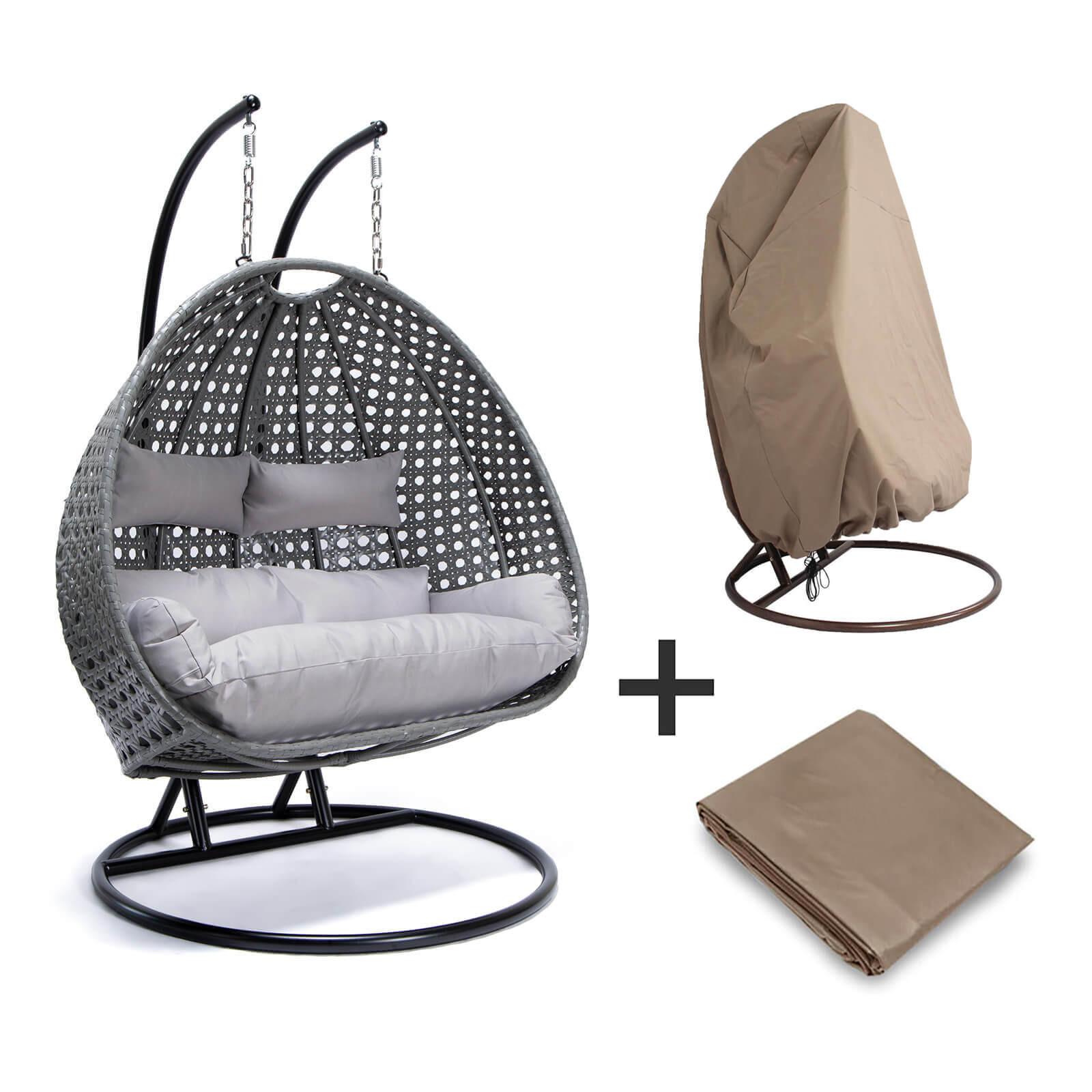 POLYRATTAN Hängesessel mit Regenabdeckung TWIN - Grau für 2 Personen - Grau, Kunststoff (145/126/74cm) - Home Deluxe