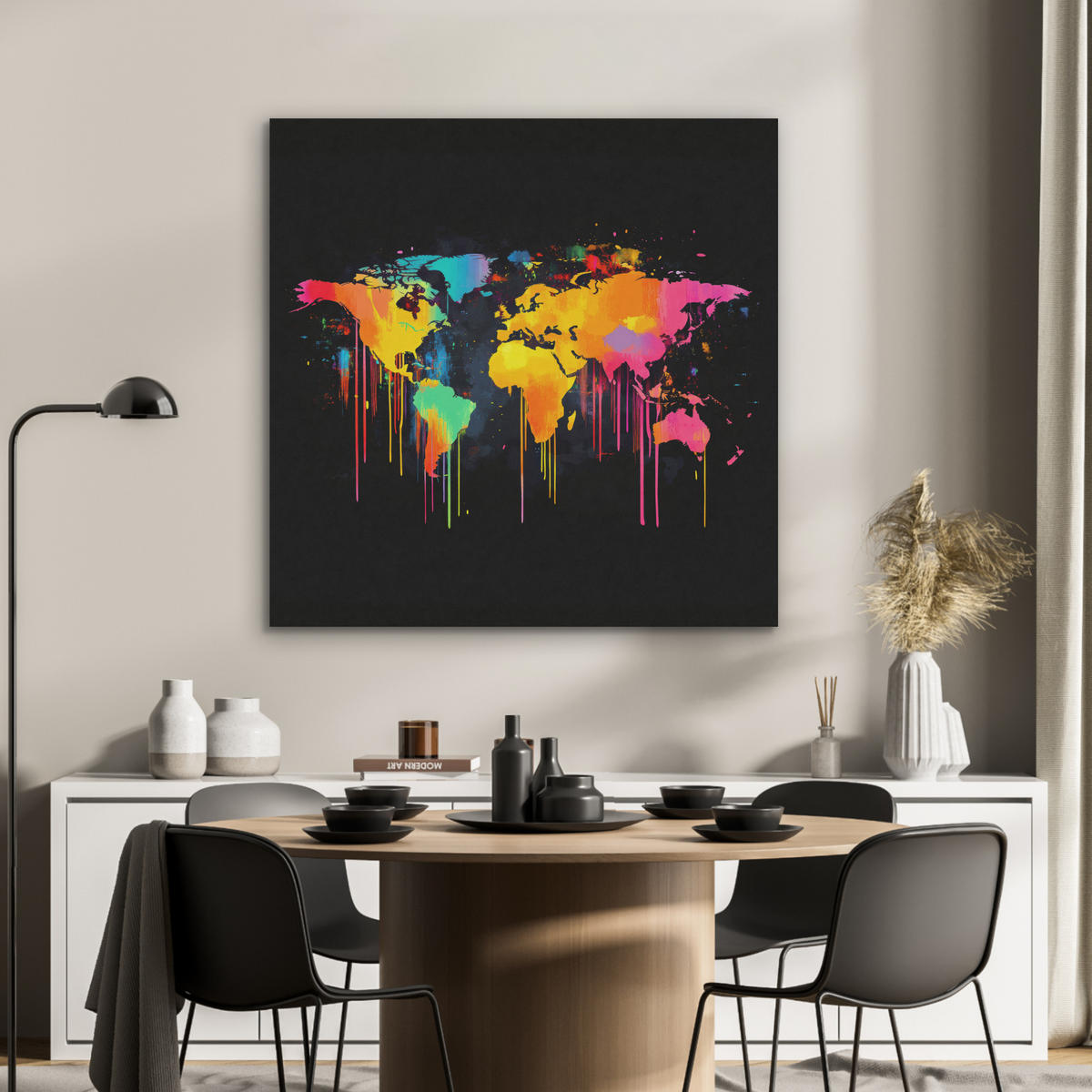 AKUSTIKBILD Weltkarte - Farbe - Bunt - Graffiti - Welt Akustikpaneele 90x90 cm - Multicolor, Textil (90/90/0.9cm) - MuchoWow