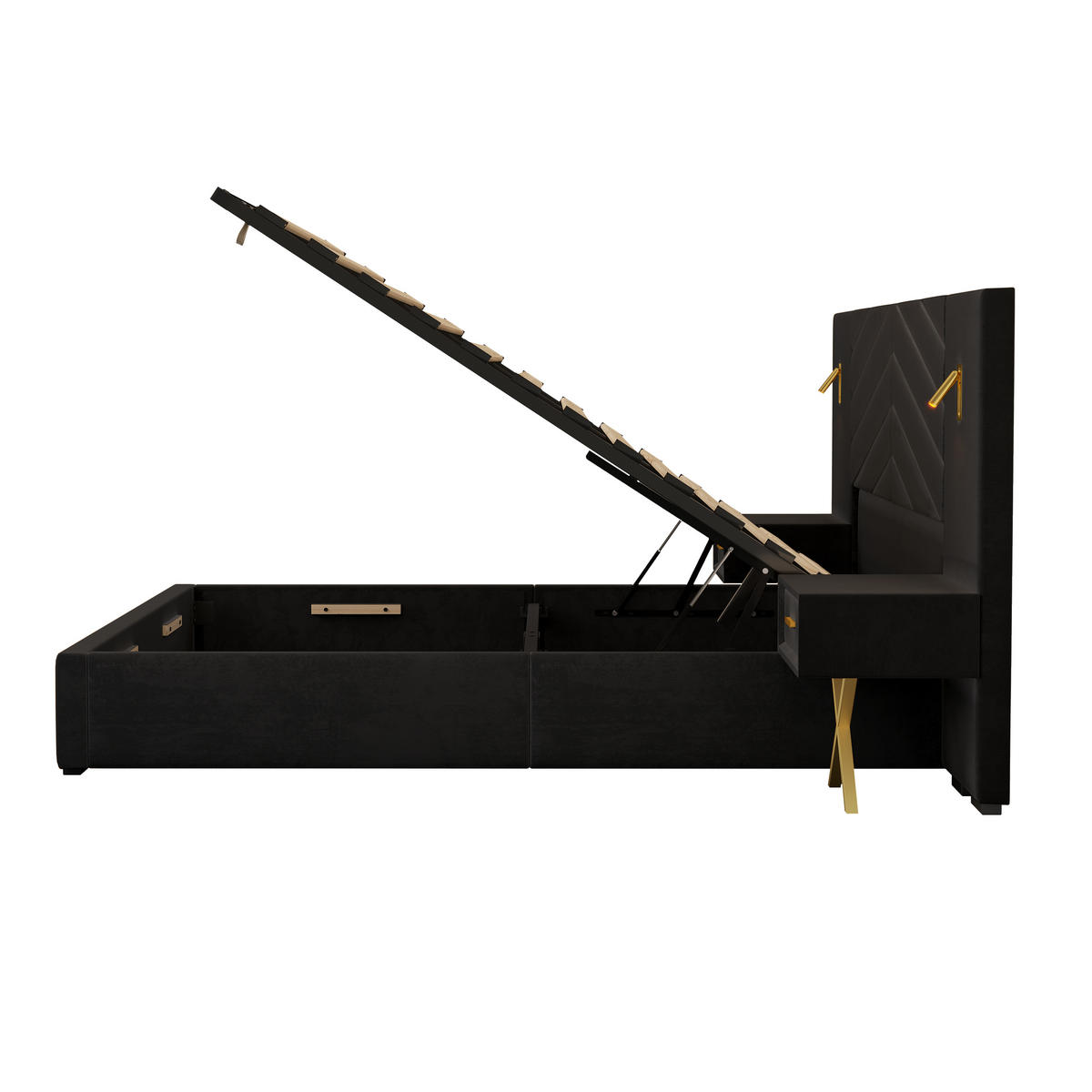 POLSTERBETT 160/200 cm Schwarz mit 2 Bettbänke und 2 LED-Leuchten - Schwarz, Holz (160/200cm) - Oxeza