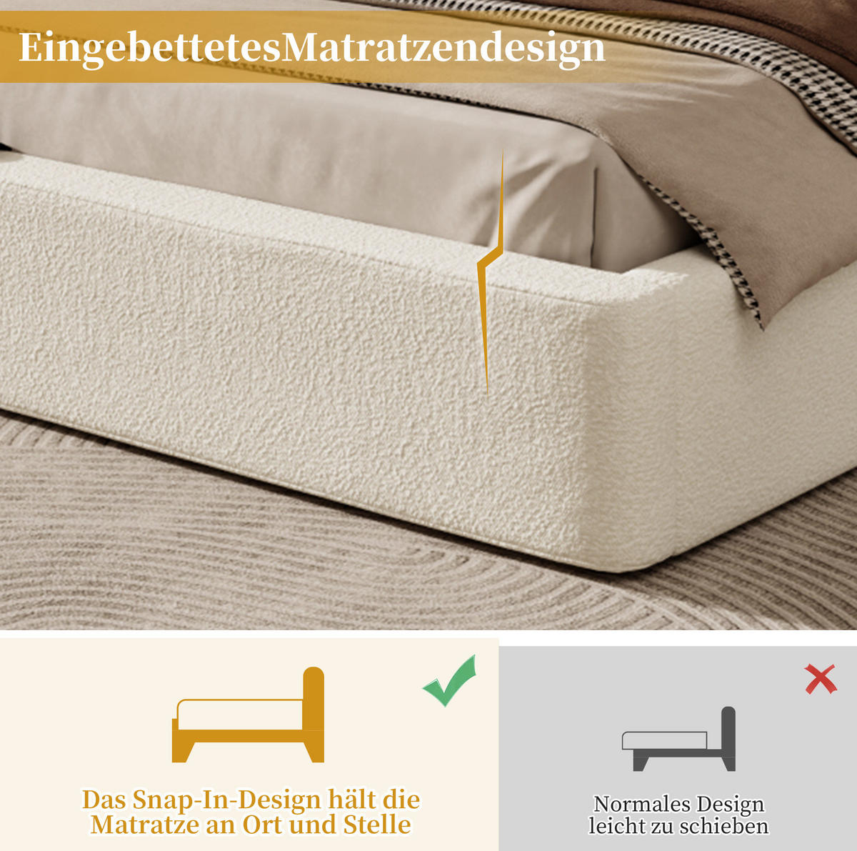BETT mit Lattenrost Bouclé Beige - Beige, Metall (180/200cm) - Meubliv