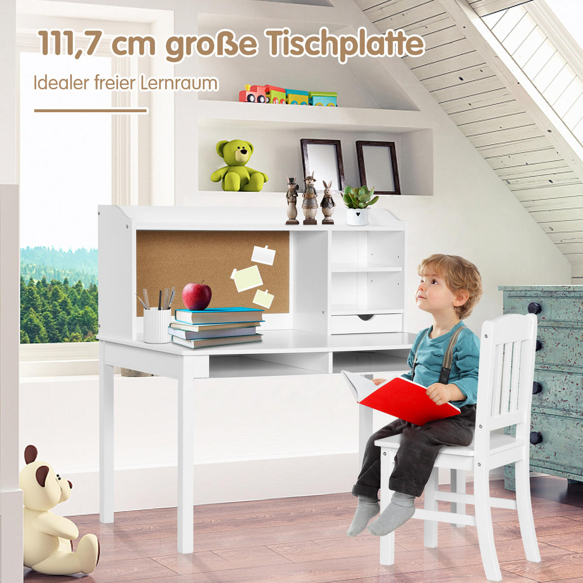 KINDERSCHREIBTISCH mit Hängeplatte weiß(2-tlg) - Weiß, Holzwerkstoff (111.5/110.7/60.5cm) - COSTWAY