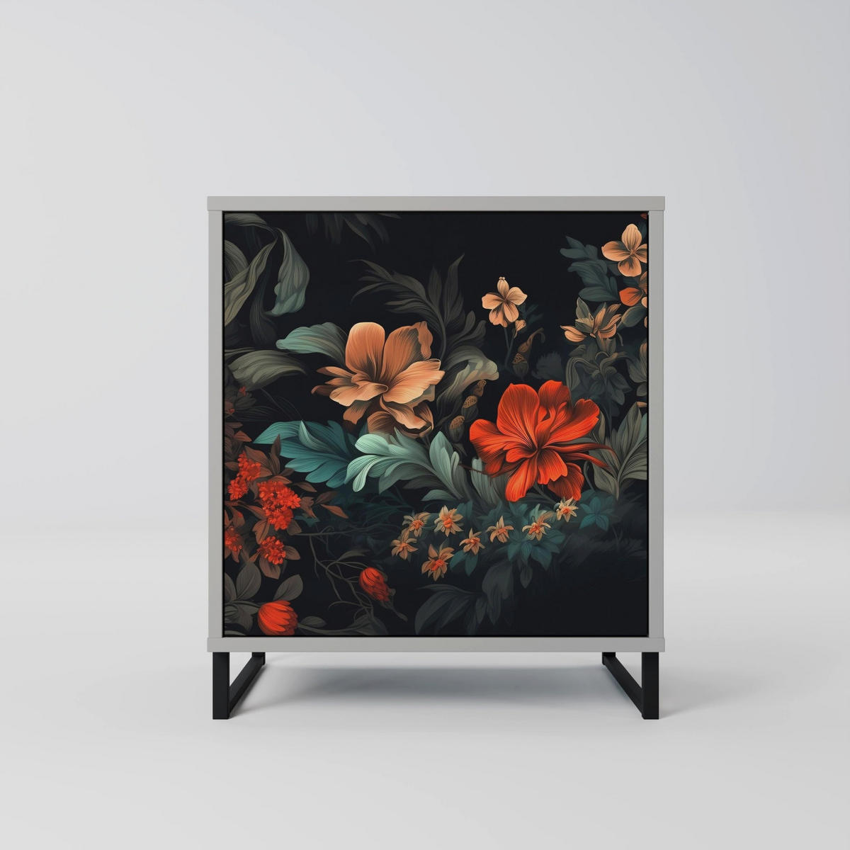 SIDEBOARD IMAGINARY BLOSSOM, Grau, 57,5x42x70,5 cm, Schwarze Metall-Sternfüße - Multicolor/Schwarz, Holzwerkstoff/Metall (57.5/70.5/42cm) - SpaceRebels