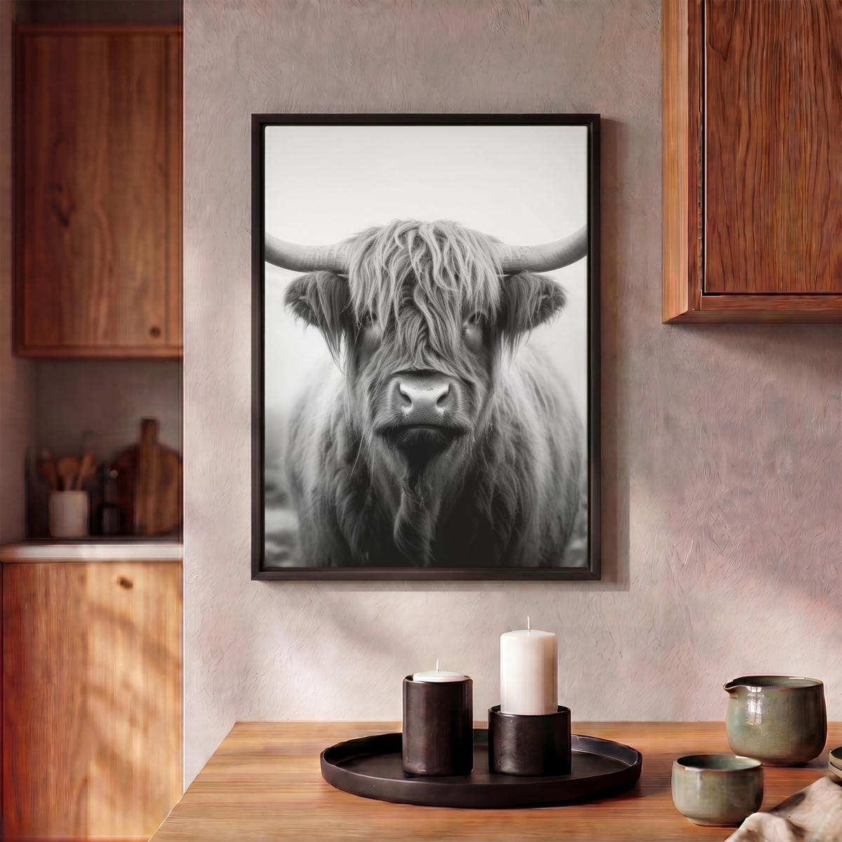 LEINWAND Bilder mit Rahmen - Schottischer Highlander - Nebel - Schwarz - Weiß - 30x40 - Grau, Textil (30/40cm) - MuchoWow