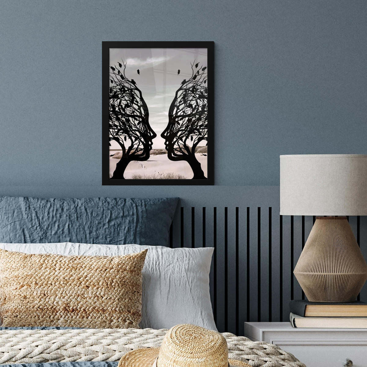 GERAHMTES BILD Strand - Meer - Menschen - Baum - Moderne Kunst 30x40 cm - Hellgrau, Papier (30/40cm) - MuchoWow