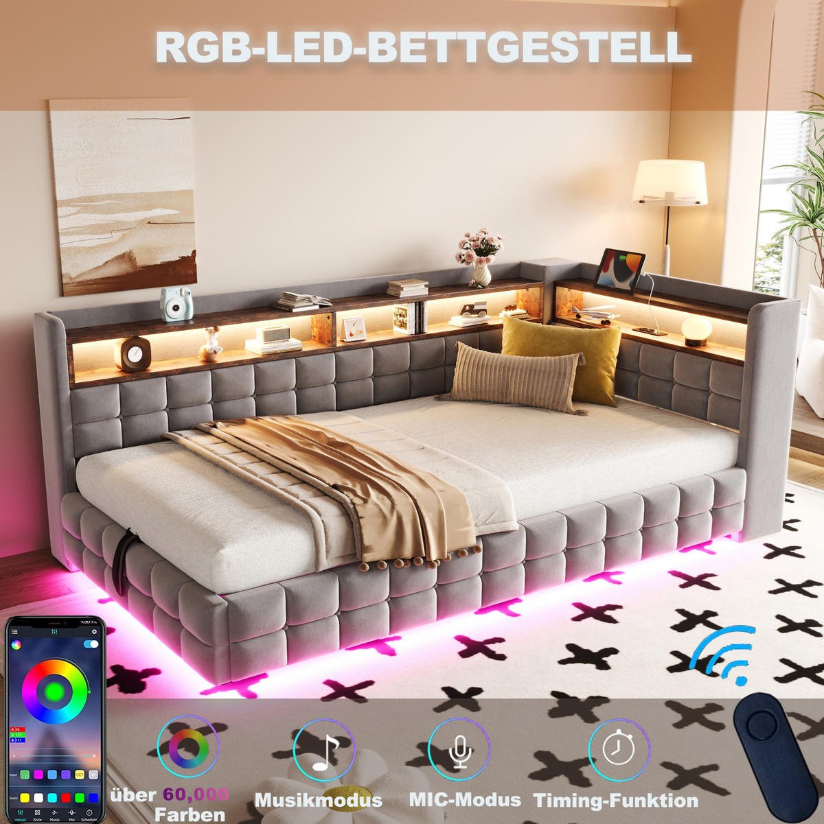 POLSTERBETT 90/200 cm in Hellgrau mit LED, USB und hydraulischem Stauraum - Hellgrau, Textil (90/200cm) - MIVRAY