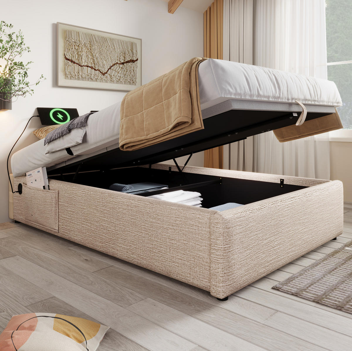 TAPECIRANI krevet 90/190 cm prirodni od lana s prostorom za odlaganje i USB/Type-C priključkom - bež, tekstil (90/190cm) - OKWISH