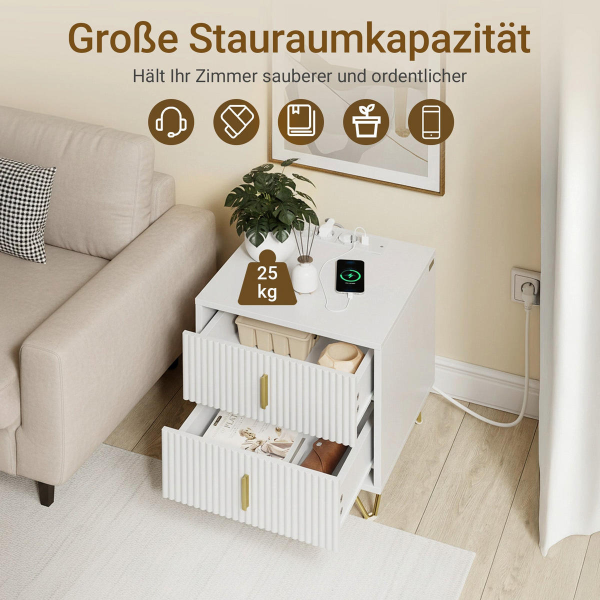 NOĆNI stol s dvije skrinjice i USB punjenjem - bijela, drvni materijal (40/47/40cm) - SoBuy