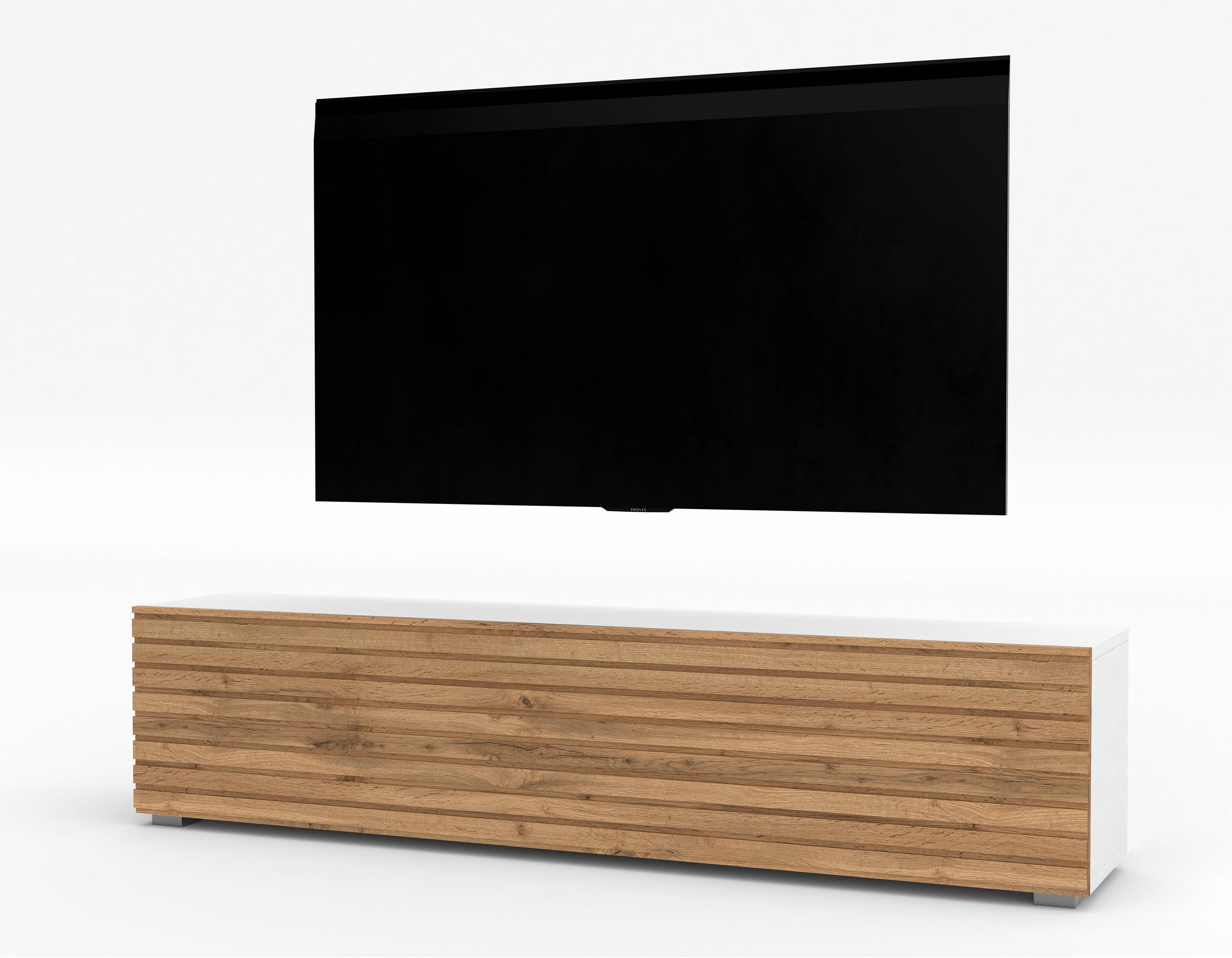 LOWBOARD ZIVOLLI 160 Weiß, Wotan Lamellen 160/36,5/40 cm – Hängend und Stehend - Hellbraun/Weiß, Holzwerkstoff/Kunststoff (160/36.5/40cm) - AX Living