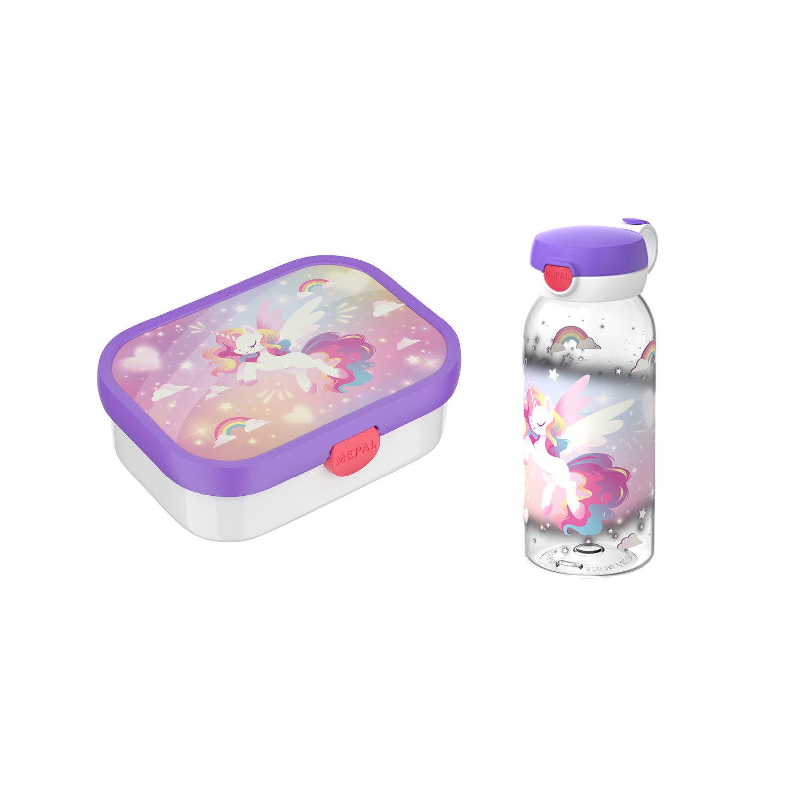 LUNCHSET (FLASCHE MIT KLAPPDECKEL) Campus Unicorn Glow 600 ml + 750 ml 2er Set - Lila/Multicolor, Kunststoff (10.8/21.8/21.8cm) - Mepal