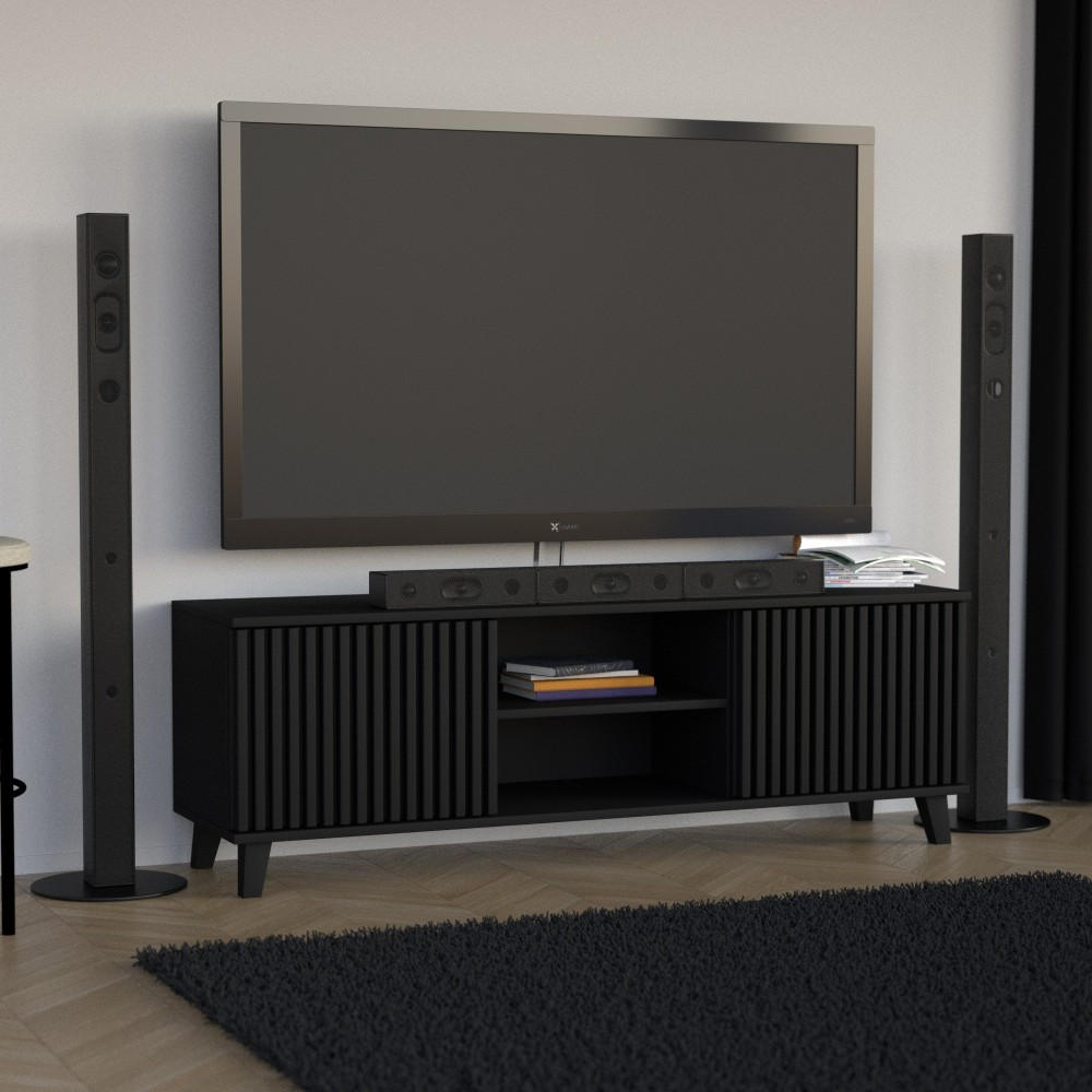 LOWBOARD Home mit 2 Türen und Lamellen, ohne Griffe, Schwarz - Schwarz, Holzwerkstoff (150/50/40cm) - Beautysofa