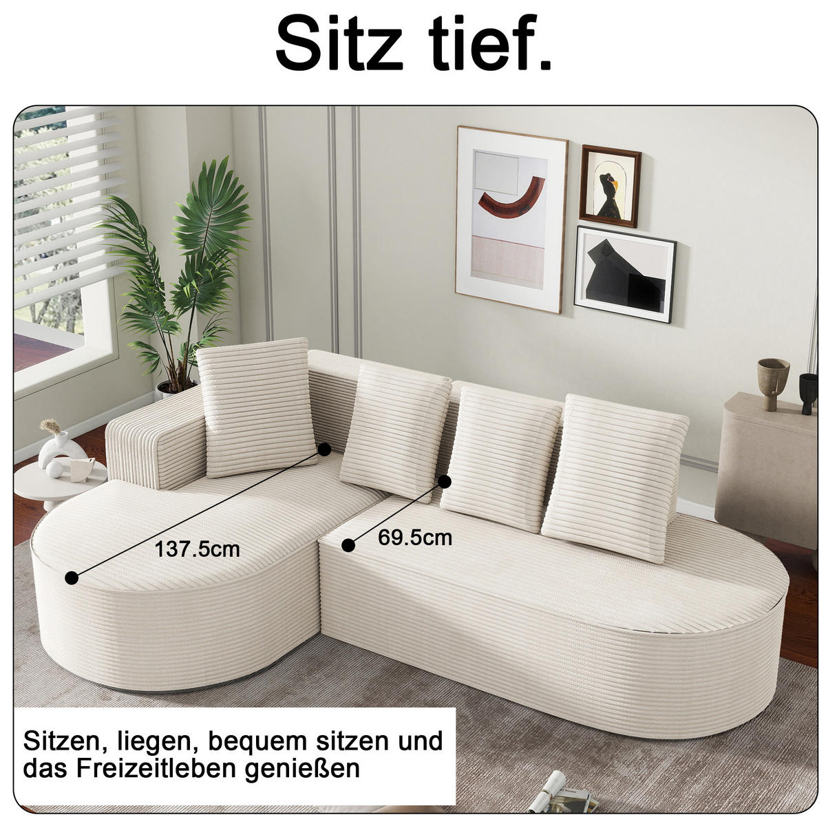 MODULARES Ecksofa Cord Sitzhöhe 40,5 cm 265/165/67 cm Weiß - Weiß, Textil (165/265cm) - Redom