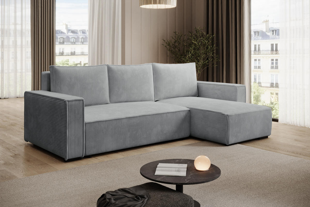 ECKSOFA CUDDY L, Eckcouch in L-Form mit Schlaffunktion und Bettkasten, Farbe: Grau, Cordstoff, Ottomane Rechts - Grau, Textil (240/140cm) - Storez24
