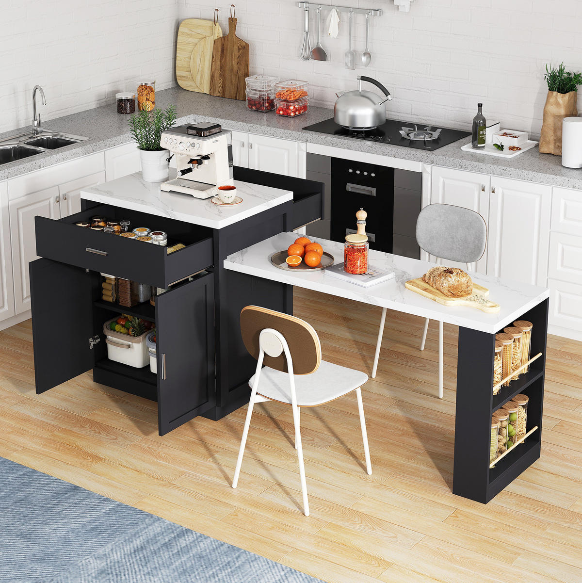 KUECHENINSEL mit ausziehbarem Esstisch 211 x 55 x 89,5 cm MDF Schwarz - Schwarz, Holz (55/89.5/211cm) - Beauniv