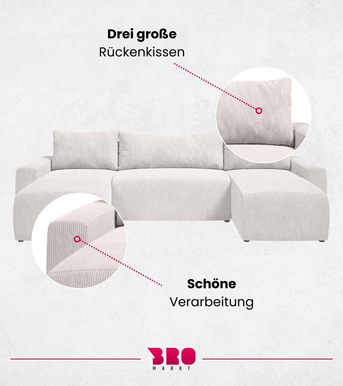 WOHNLANDSCHAFT Plush mit Schlaffunktion Weiß Cord - Creme, Kunststoff/Textil (315/72/145cm) - Bromarkt