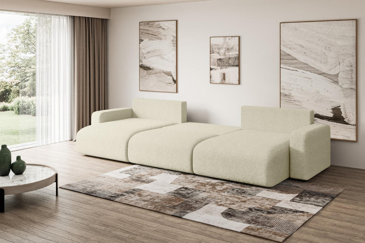 WOHNLANDSCHAFT mit Schlaffunktion und Bettkasten KLEEA-U - 347x143x83 cm Beige Bouclé - Beige/Schwarz, Holzwerkstoff/Kunststoff (347/83/143cm) - ALTDECOR