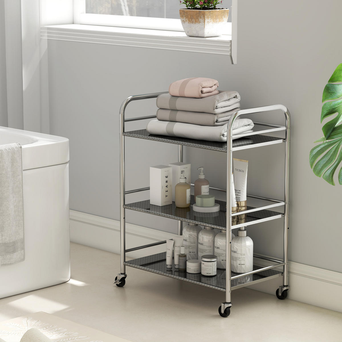 SERVIERWAGEN DE-17131 3 Ebenen Edelstahl 201 Silber - Silberfarben, Metall (35/77/60cm) - ComfortXL