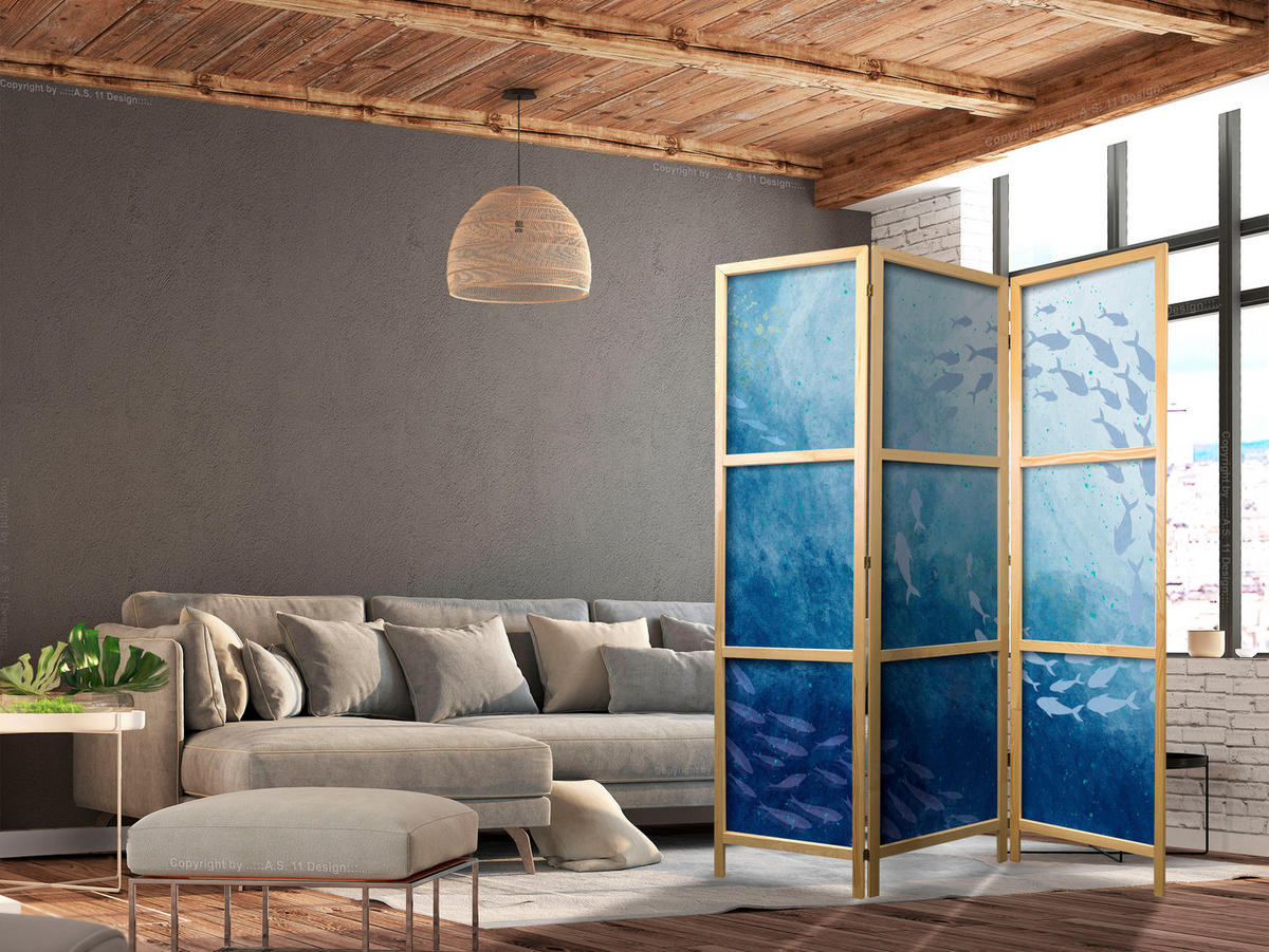 PARAVENT Japanischer 3-tlg 135x172 cm Fischschwarm im Meer - Blau, Holz/Textil (135/172/3cm) - Muralo